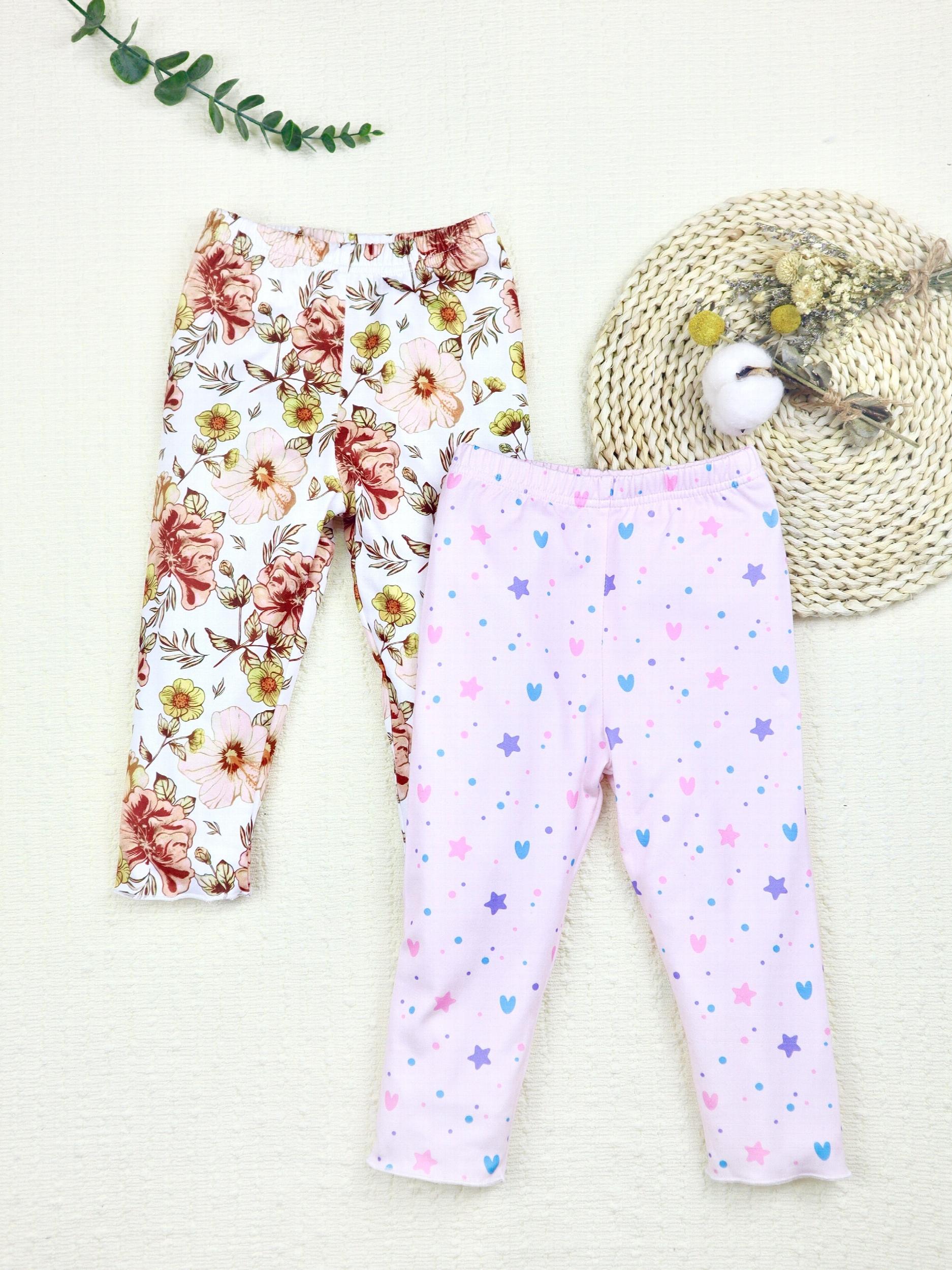 2pcs Toddler Baby Girls Cropped Leggings Flower Heart Allover Print Crop Pants