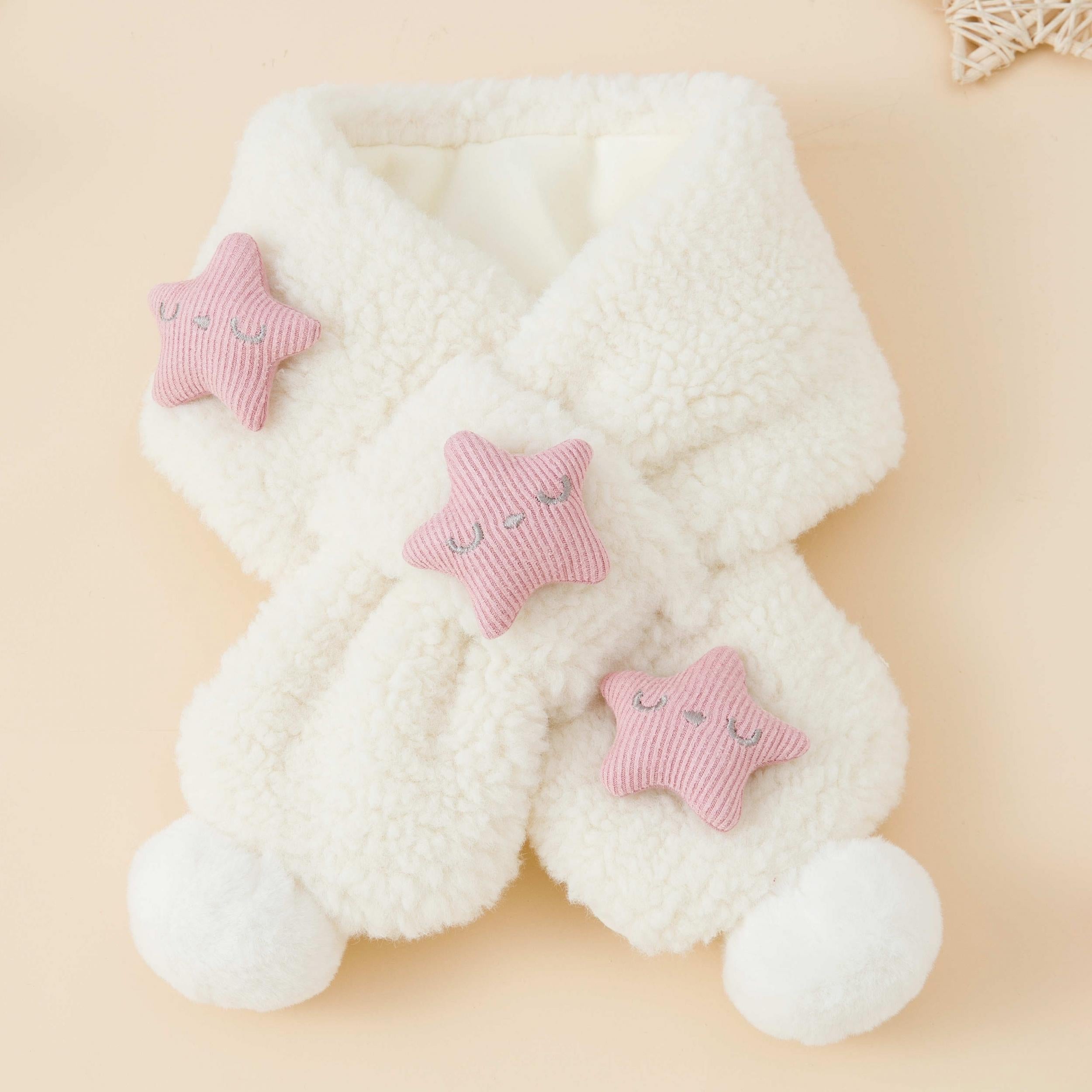 Girls Star Fleece Thermal Scarf with Plush Ball for Winter