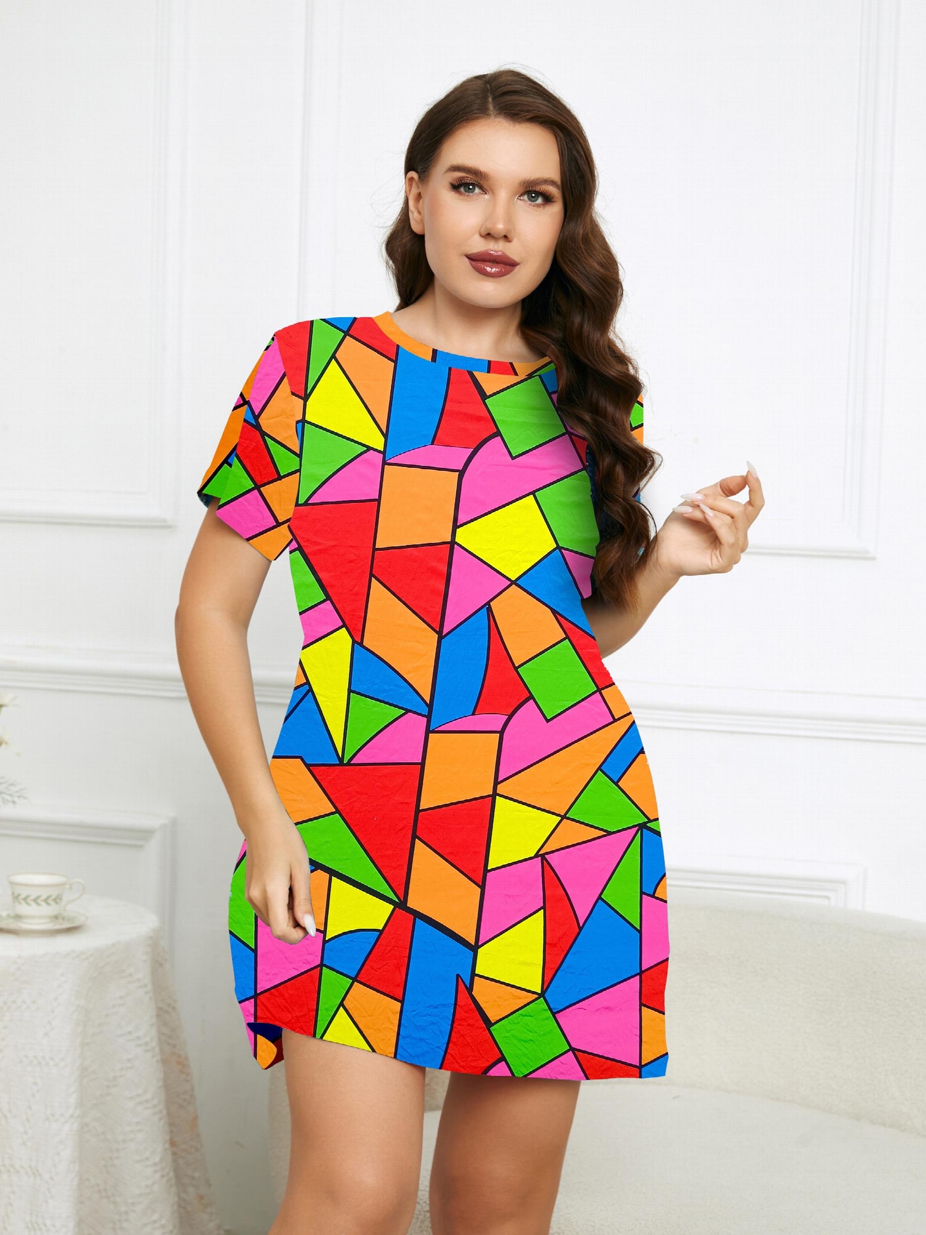 Plus Colorblock Short Sleeve Round Neck Sleep Dress