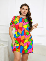 Plus Colorblock Short Sleeve Round Neck Sleep Dress