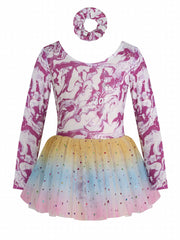 Girls Long Sleeve Back Bow Stars Sequins Tulle Tutu Patchwork Dress