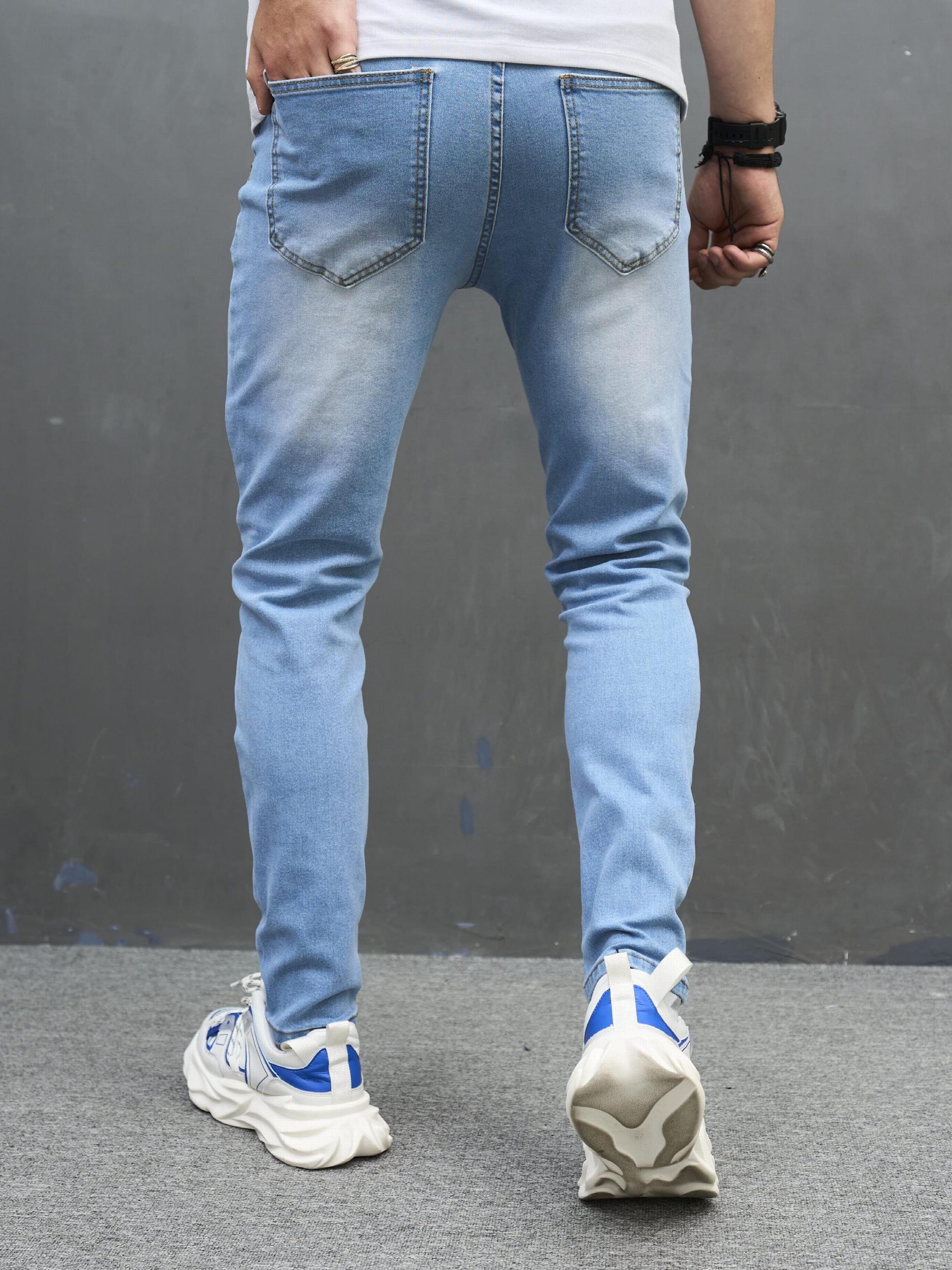 Embroidery Letter Slim Fit Ripped Jeans Men's Street Style Denim Pants