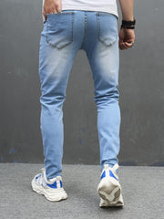 Embroidery Letter Slim Fit Ripped Jeans Men's Street Style Denim Pants