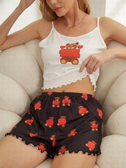 Bear Print Pajama Set Cami Top & Shorts