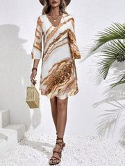 Marble Print Flared Sleeve Dress V Neck Midi Dress