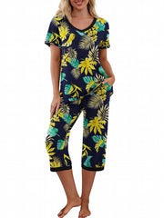 Leopard Print Lounge Set V Neck Short Sleeve Top & Elastic Waistband Pants