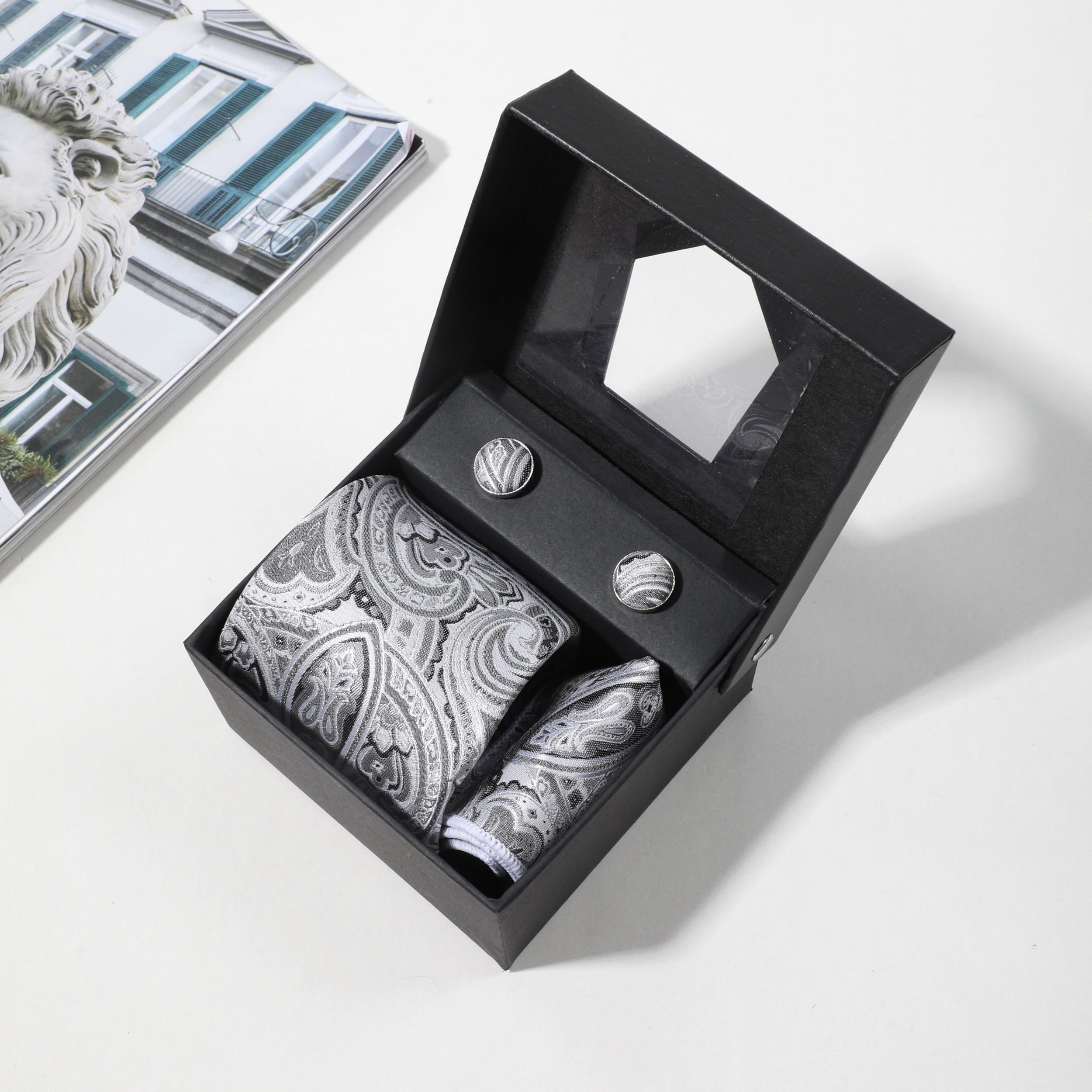 4pcs Silvery Paisley Jacquard Tie Set with Lapel Pin Brooch