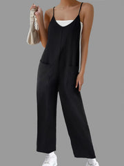 Solid Suspender Jumpsuit Casual V Neck Wide Leg Jumpsuit With Pockets
