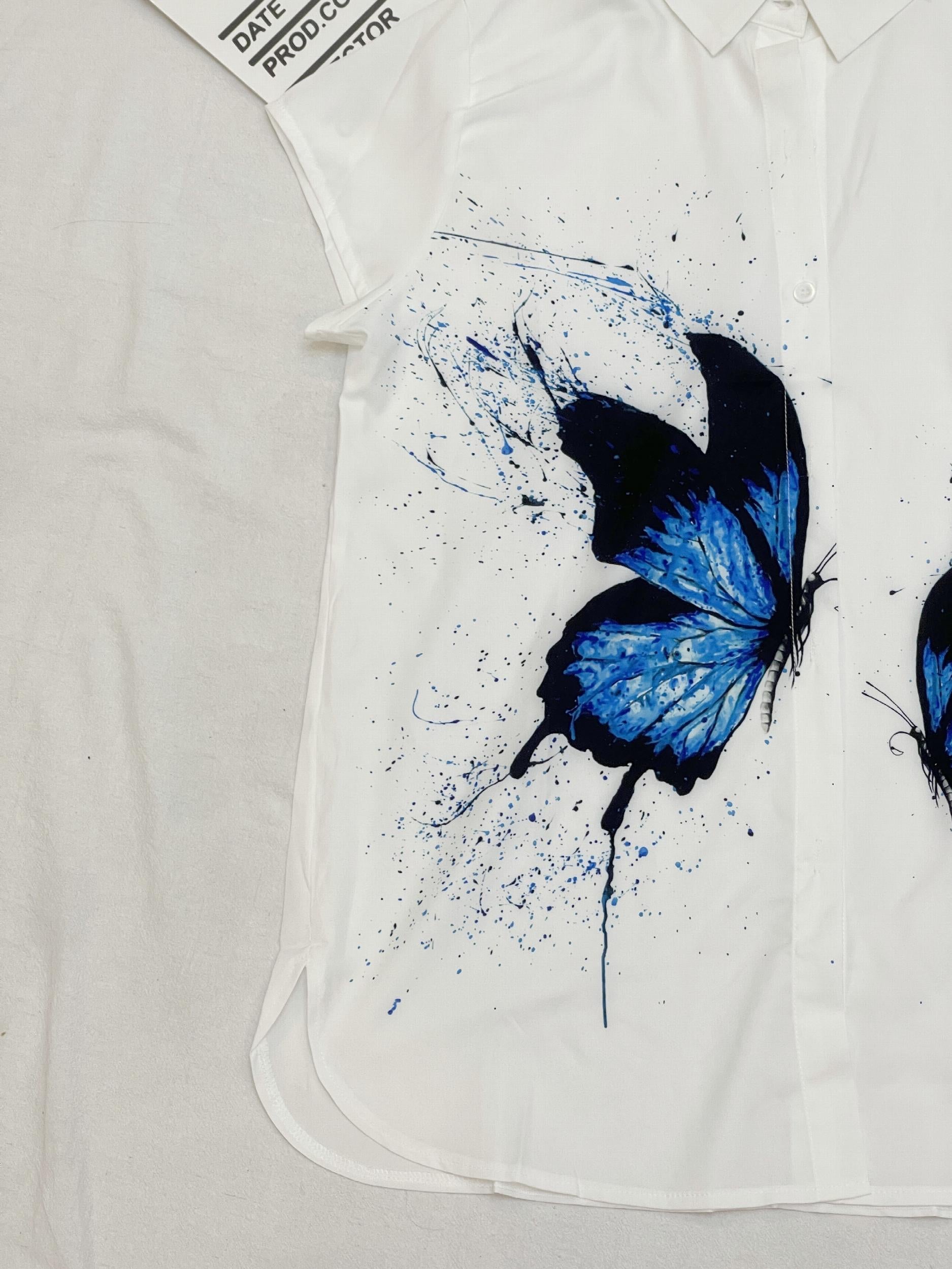 Butterfly Print Button Up Cap Sleeve Blouse