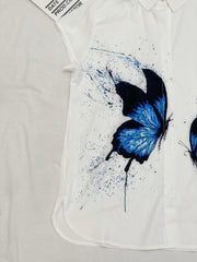 Butterfly Print Button Up Cap Sleeve Blouse