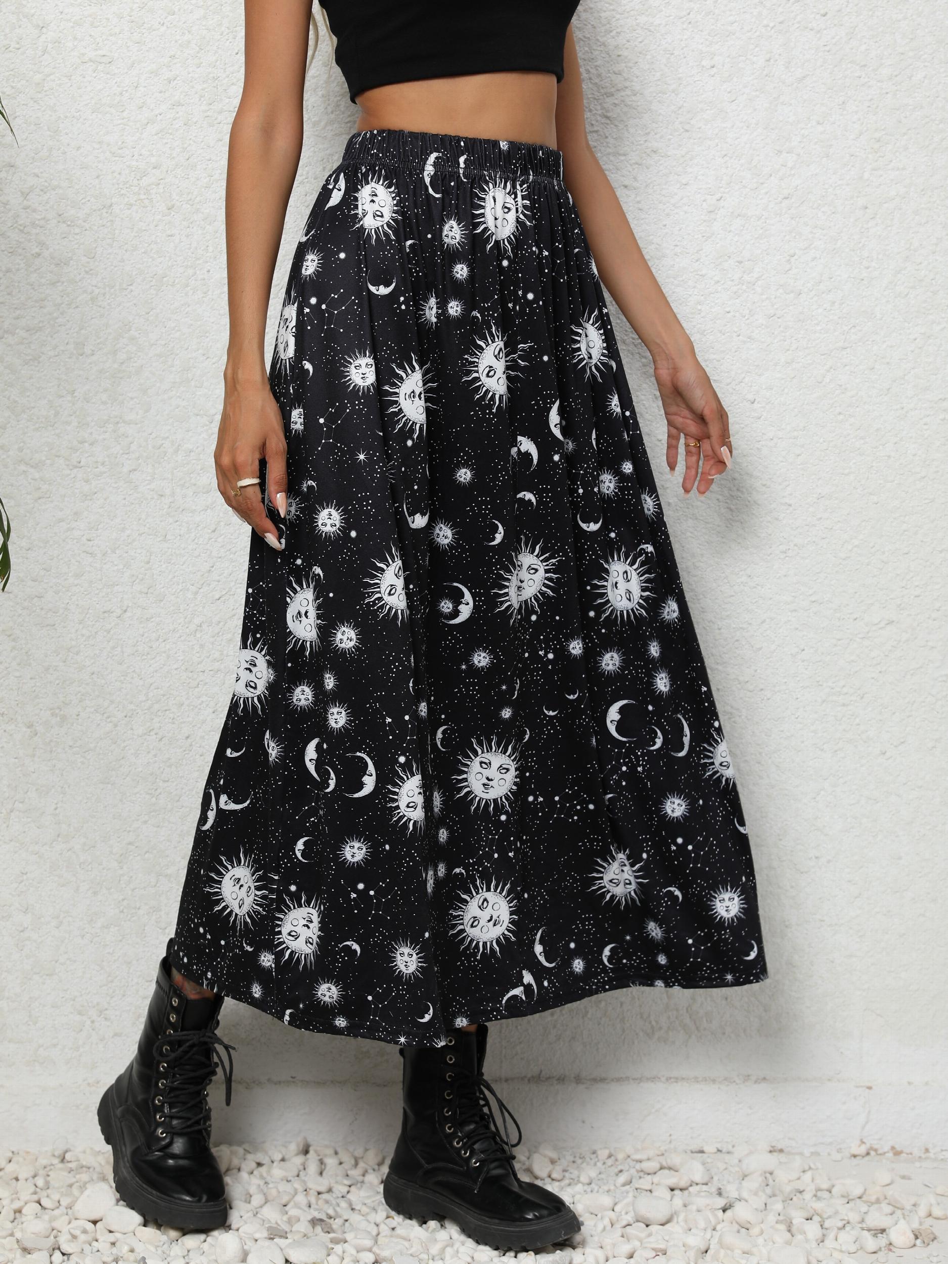 Galaxy Print Midi Skirt High Waist Spring Summer Women's Clothing