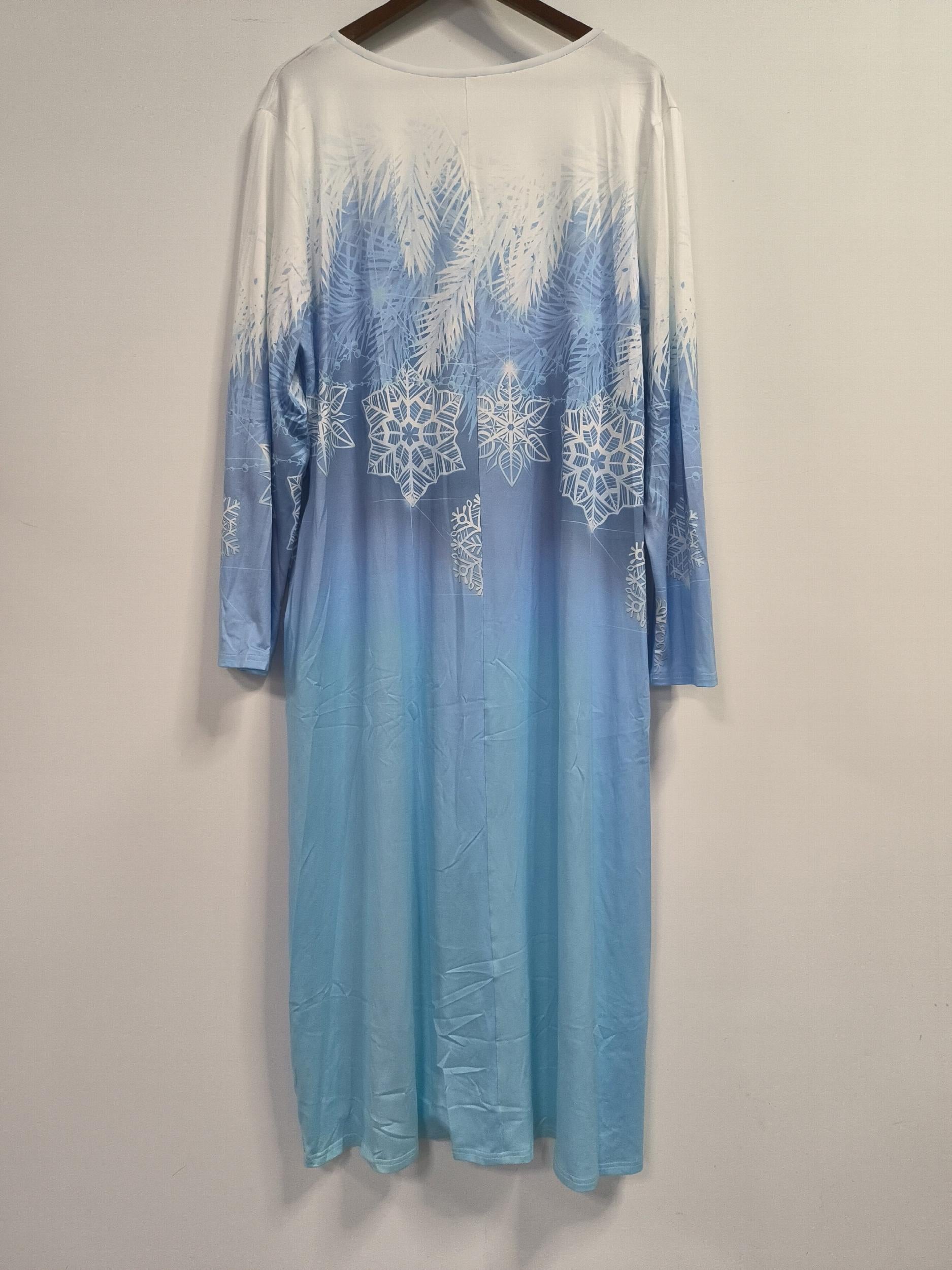 Snowflake Print Long Sleeve Dress With Pockets