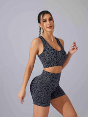 Leopard Print Sports Set Crop Top & High Waist Leggings Women's Activewear