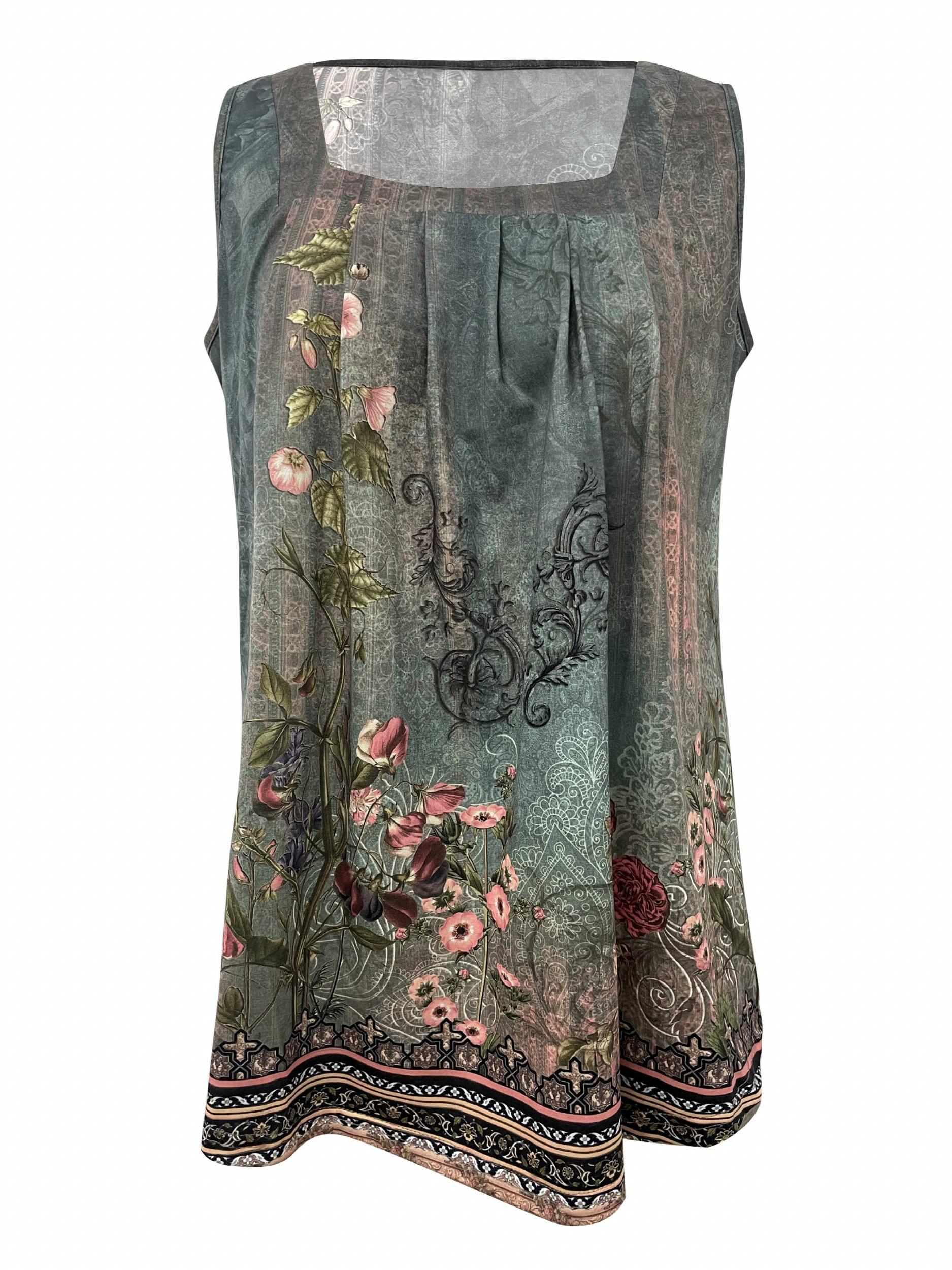 Floral Print Square Neck Tank Top Sleeveless Summer Casual Top