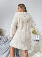 Ribbed Long Sleeve Hooded Button Up Flannel Loungewear Robe