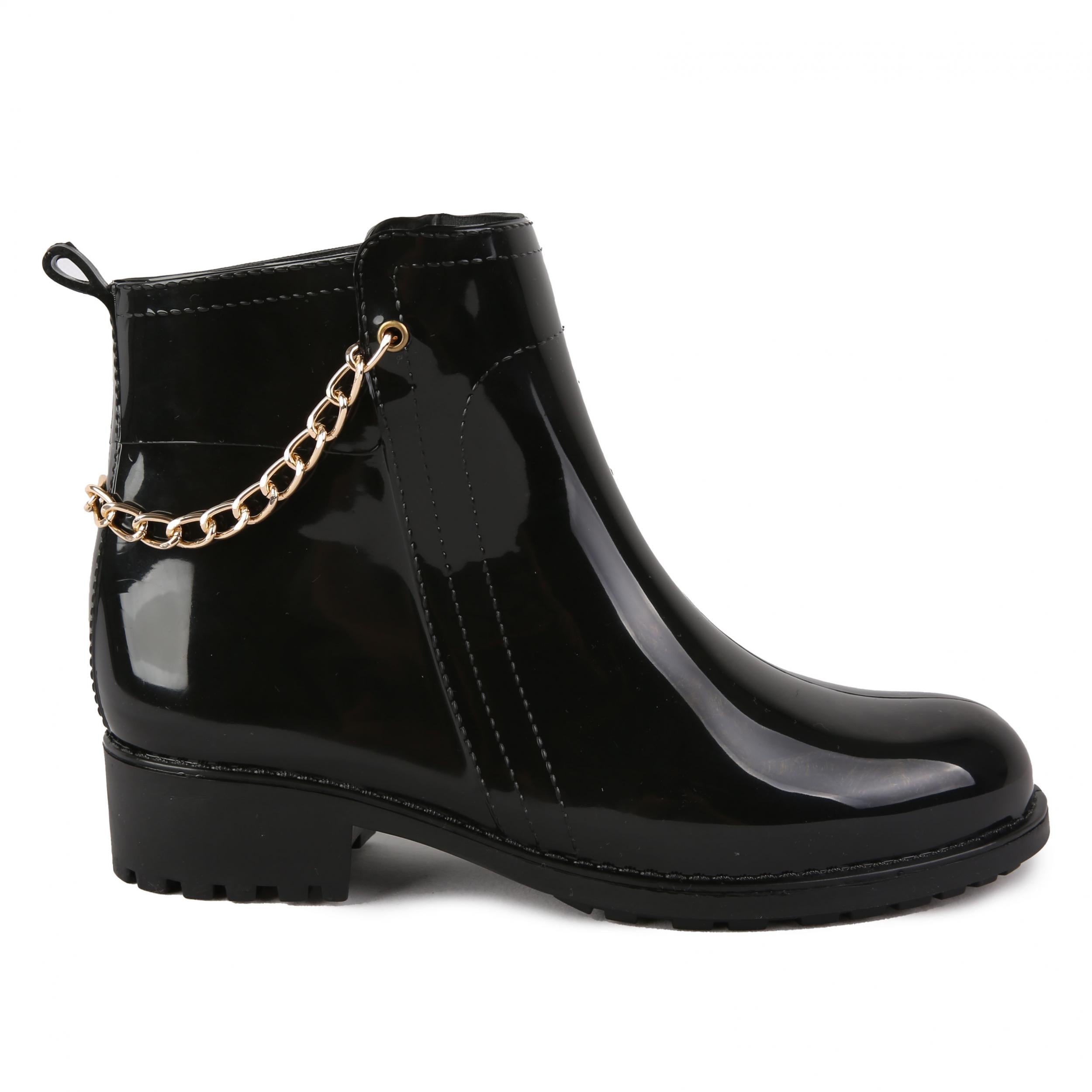 Metal Chain Decor PVC Round Toe Flat Waterproof Rain Boots