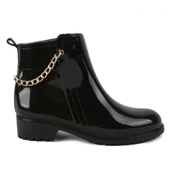Metal Chain Decor PVC Round Toe Flat Waterproof Rain Boots