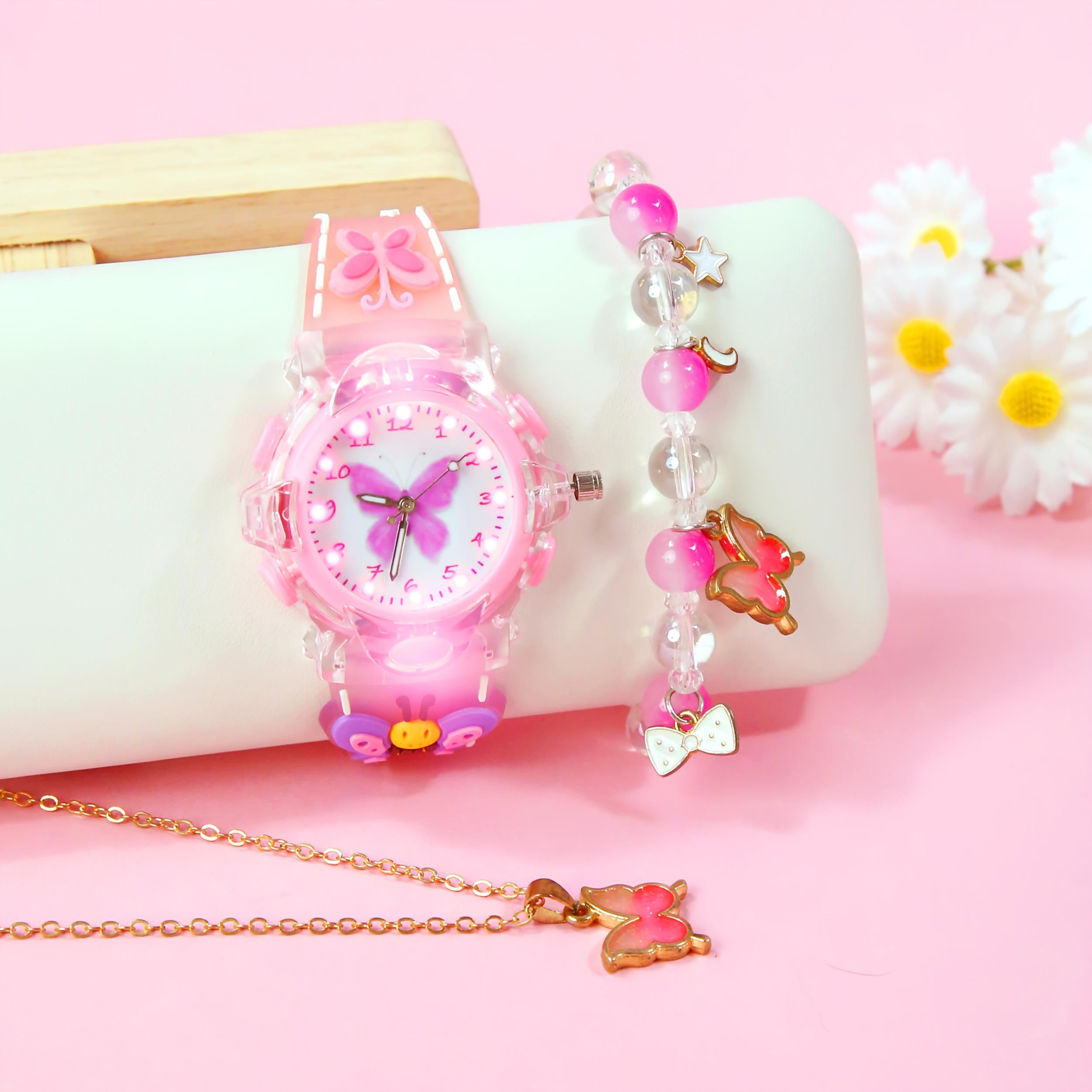 3pcs Quartz Watch Set Sweet Style with LED Glow Silicone Strap 3D Butterfly