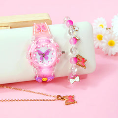 3pcs Quartz Watch Set Sweet Style with LED Glow Silicone Strap 3D Butterfly
