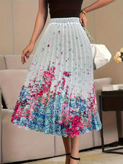 Floral Print Elastic High Rise Pleated Plus Size Maxi Skirt
