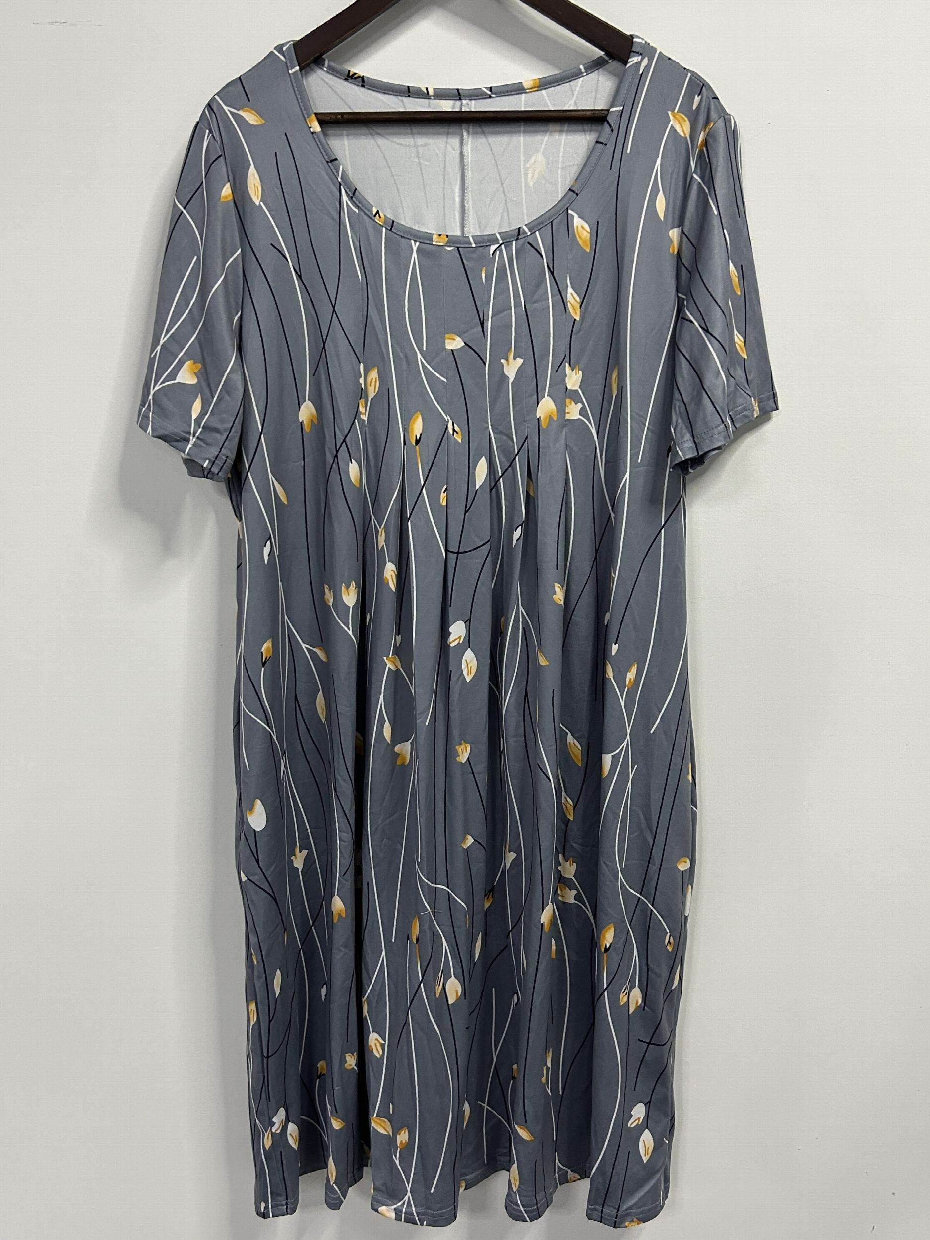 Leaf Print Short Sleeve Casual Dress With Pockets