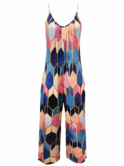 Geo Print Wide Leg Jumpsuit Sleeveless Pockets Jumpsuit