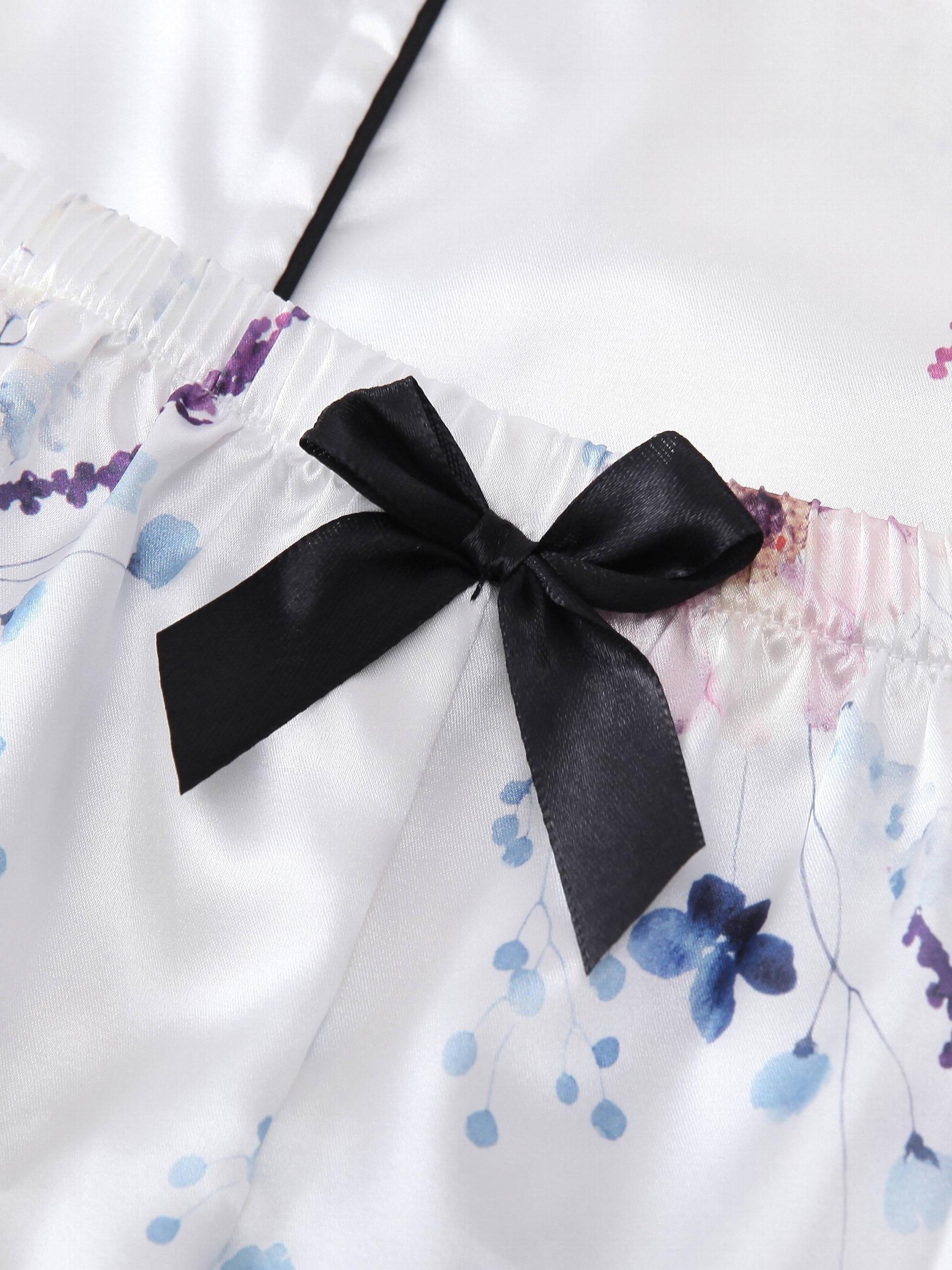 Floral Print Pajamas Set Short Sleeve Top & Bow Shorts PJ Set