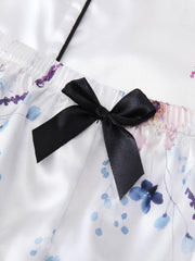 Floral Print Pajamas Set Short Sleeve Top & Bow Shorts PJ Set