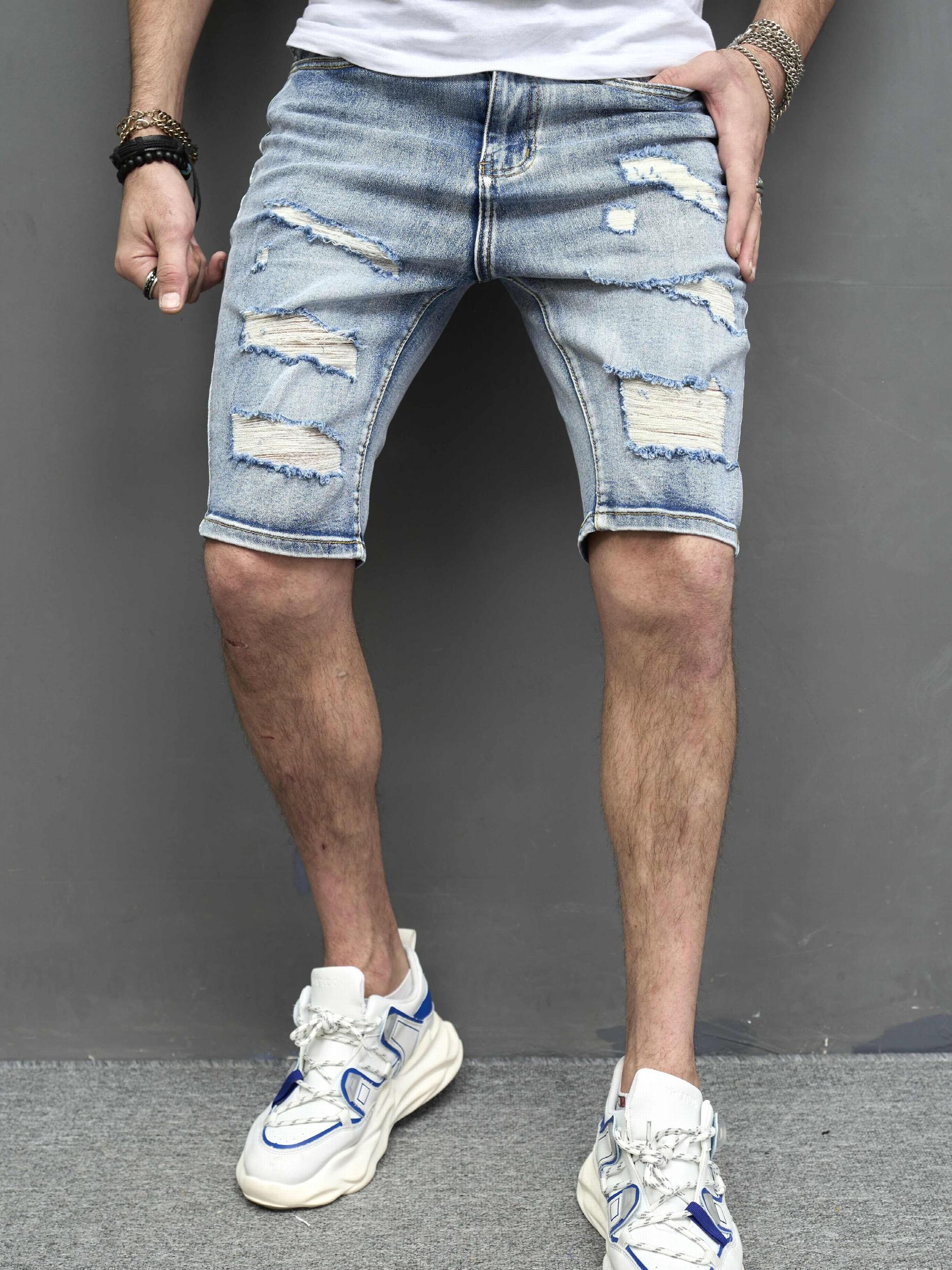 Men's Ripped Denim Shorts Street Style Distressed Mid Stretch Shorts