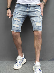 Men's Ripped Denim Shorts Street Style Distressed Mid Stretch Shorts