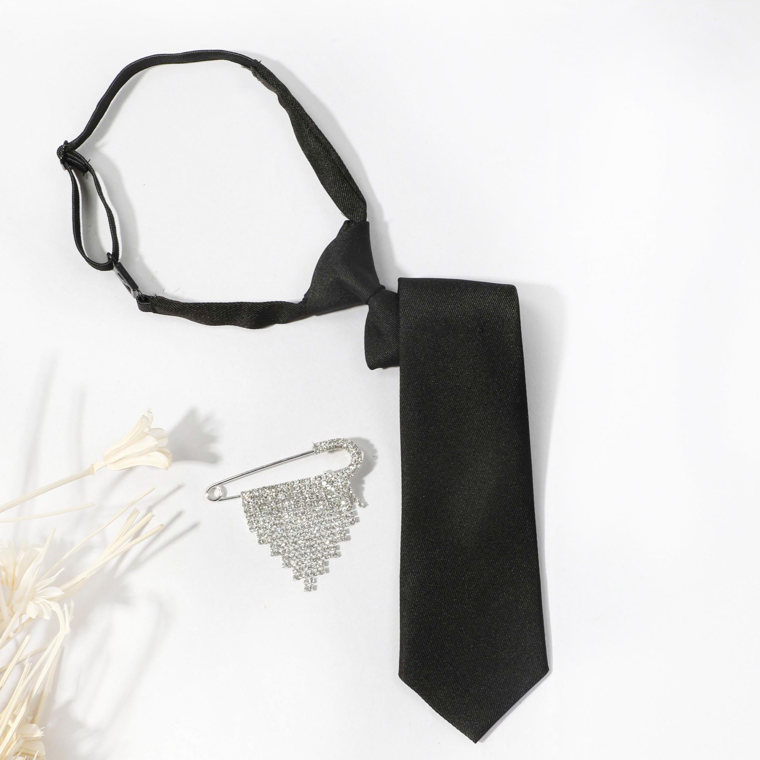 Rhinestone Tassel Brooch Necktie Solid Neck Tie For Shirt Decorative Tie