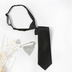 Rhinestone Tassel Brooch Necktie Solid Neck Tie For Shirt Decorative Tie
