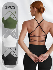 Solid Ribbed Cami Sports Bra High Stretch Yoga Bra With Chest Pad