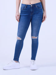 Casual Skinny Jeans Washed Ripped Button Fly High Stretch
