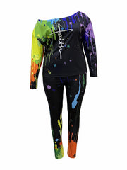 Casual Outfits Set Women's Plus Splash & Letter Print Two Piece Set