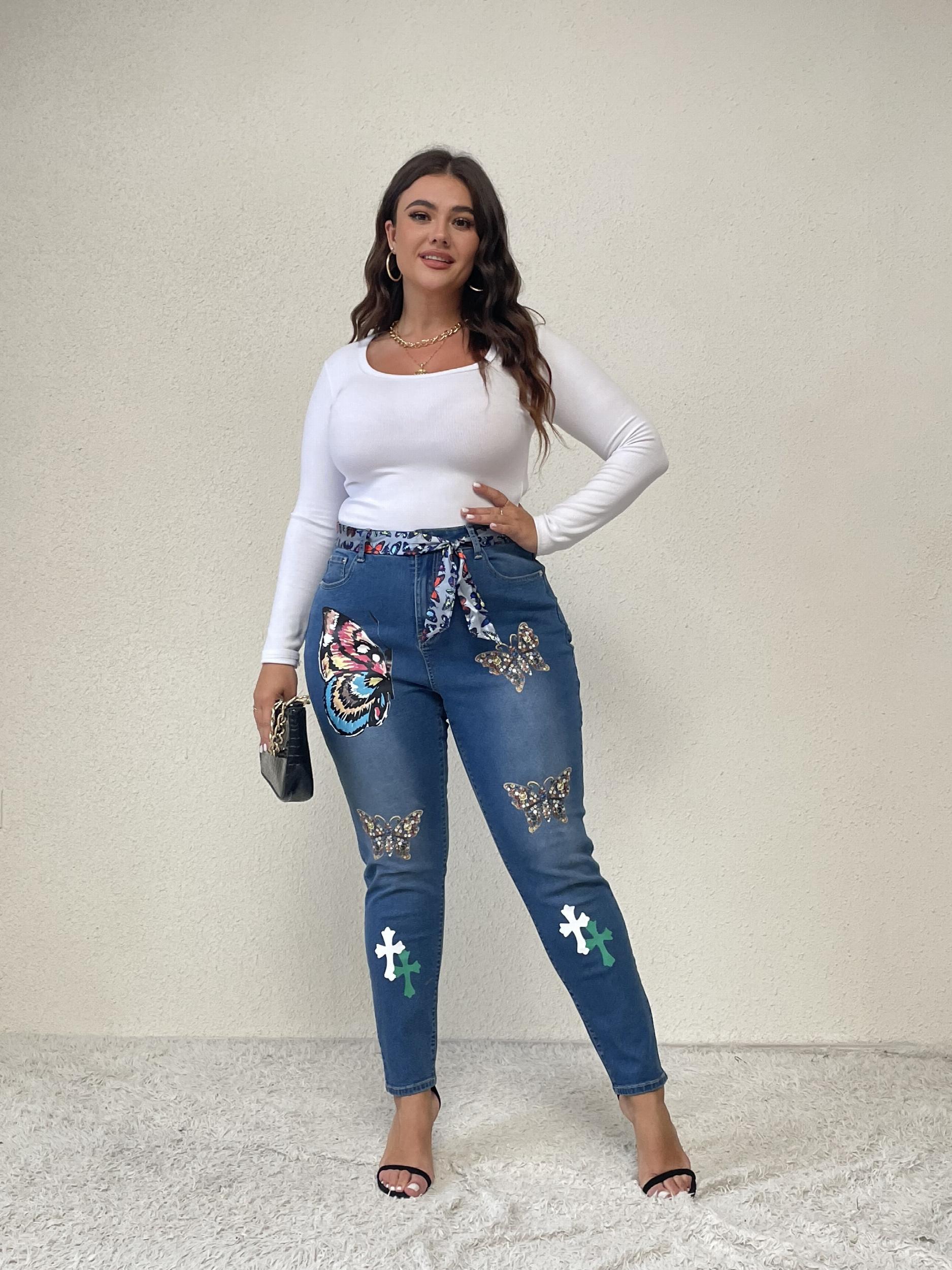 Y2K Jeans Women's Plus Butterfly Print Washed Skinny Jeans