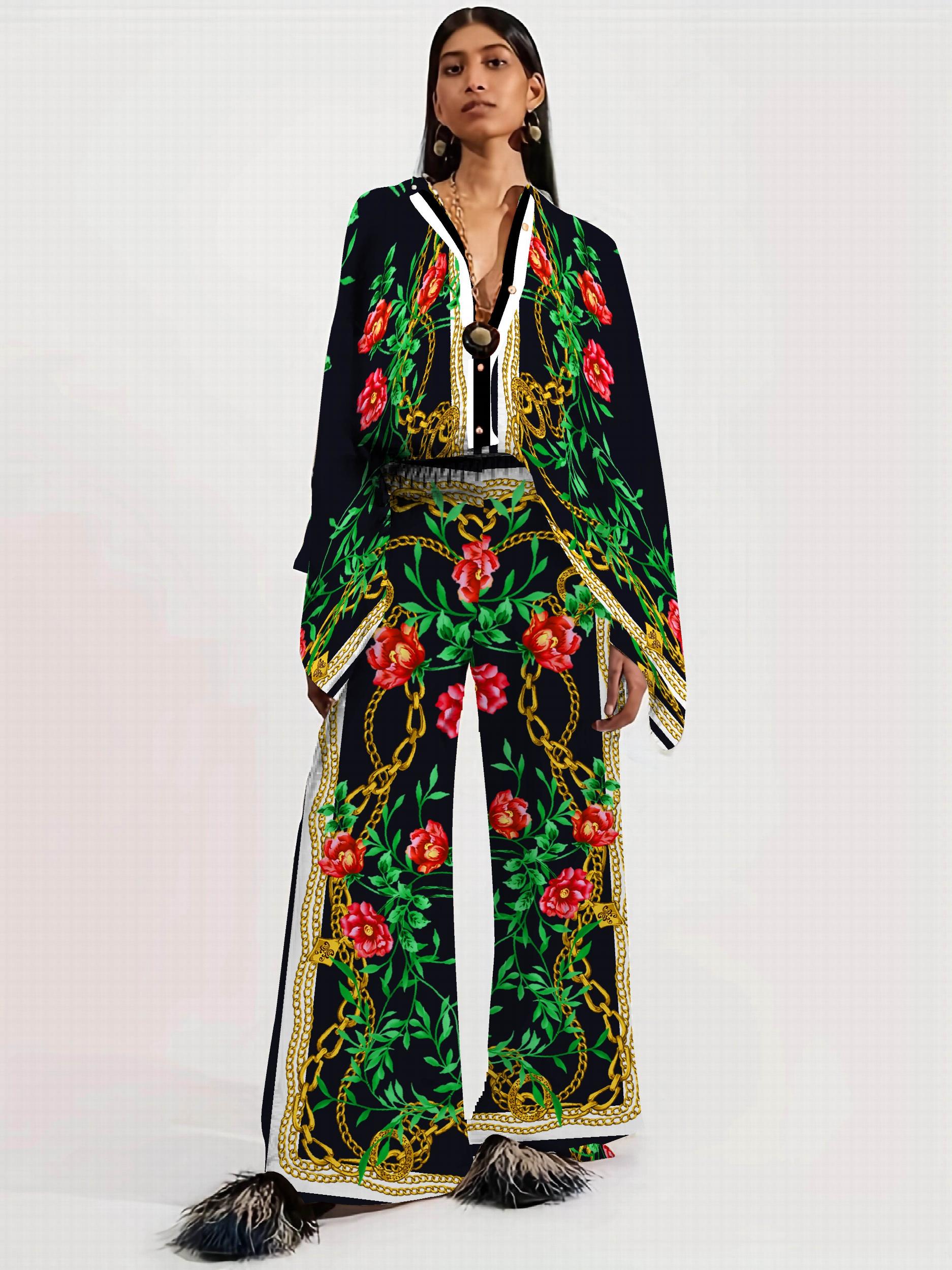 Block Vintage Two piece Set Button Front Batwing Sleeve Tops & Wide Leg Pants
