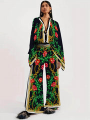 Block Vintage Two piece Set Button Front Batwing Sleeve Tops & Wide Leg Pants