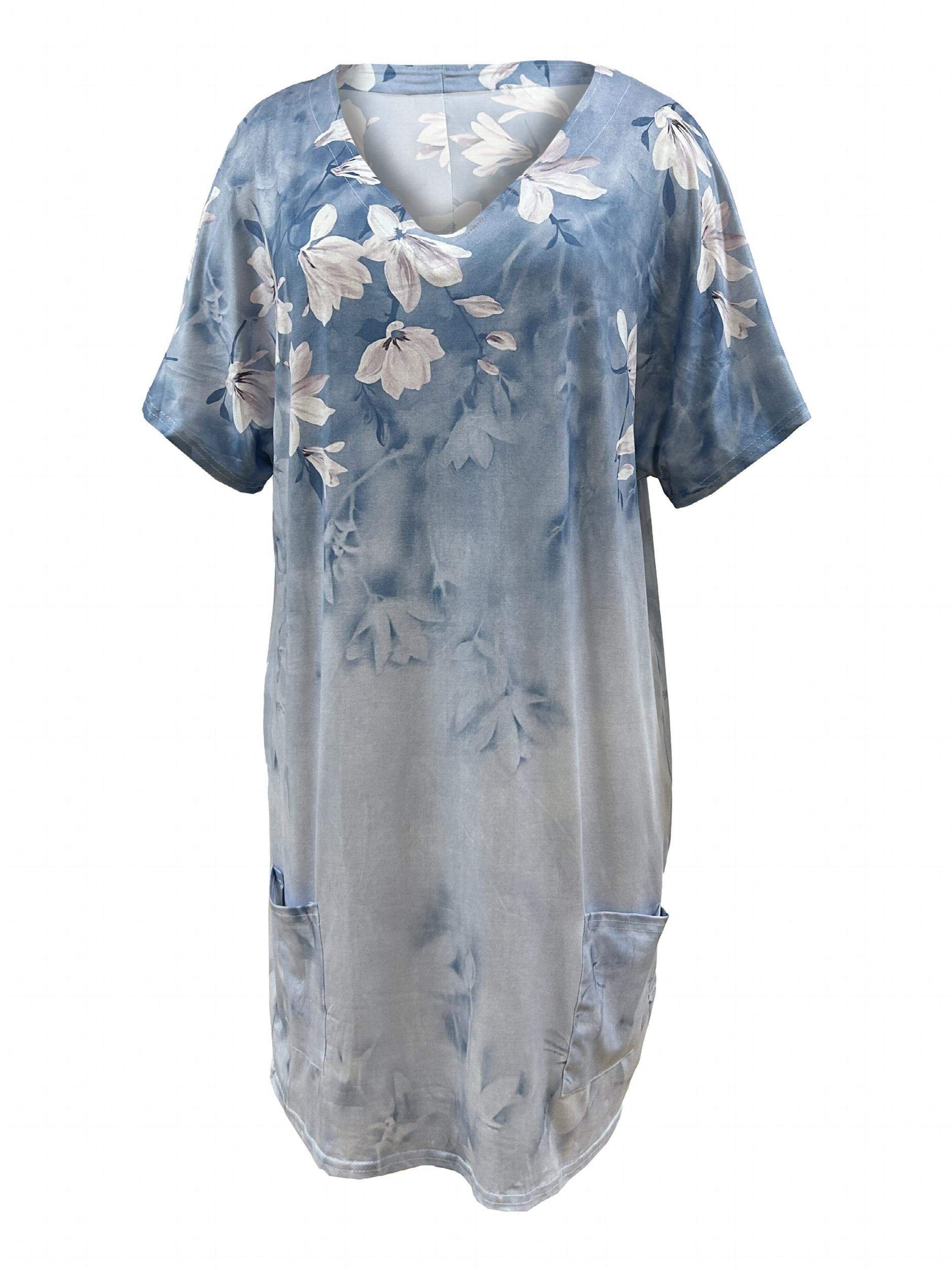 Floral Print V Neck Stretch Dress With Pockets