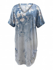 Floral Print V Neck Stretch Dress With Pockets