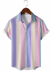 Pastel Stripes Print Men's Button Up Shirt For Summer Beach