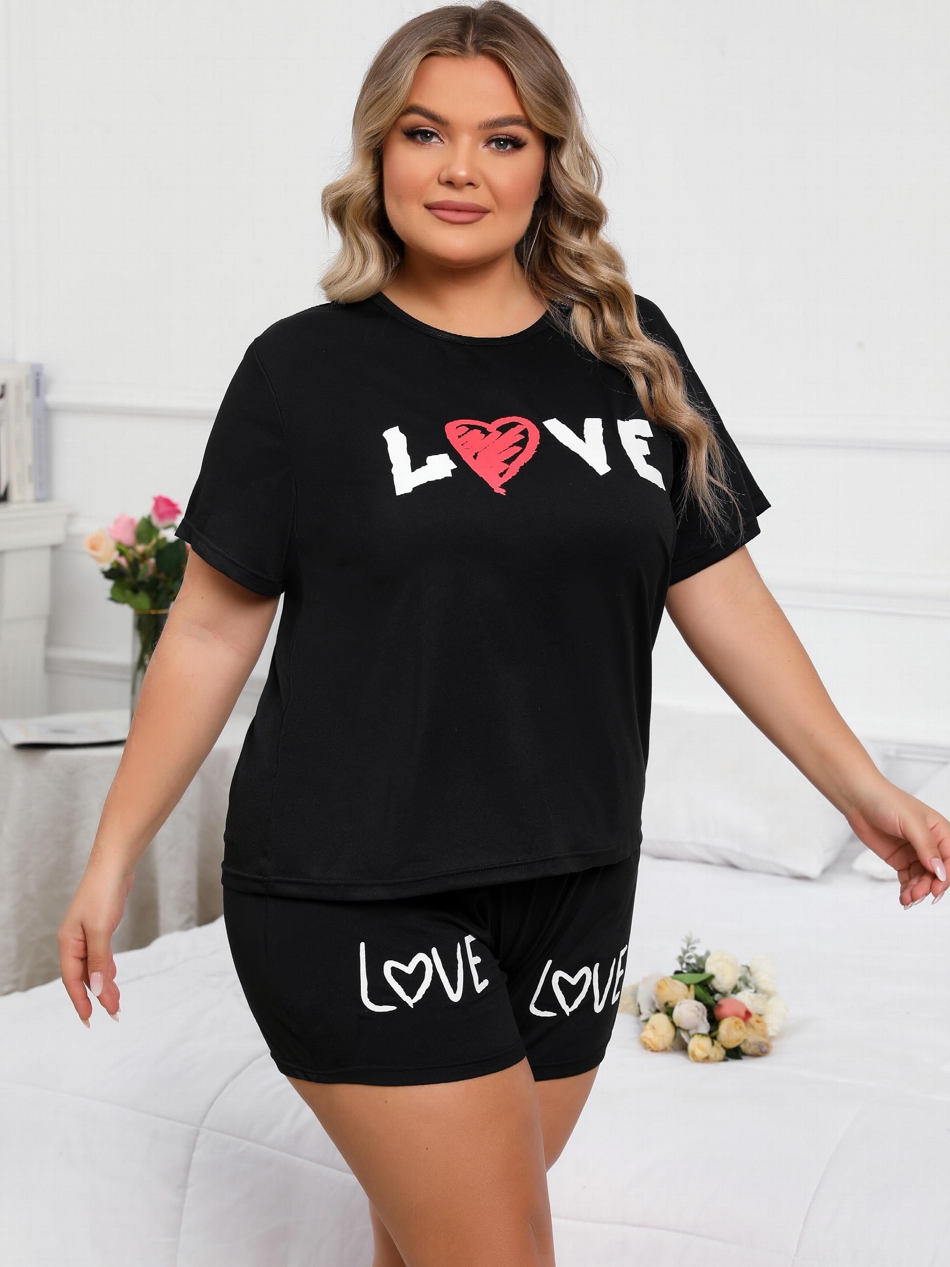 Women's Pajama Set Letter & Heart Print T Shirt & Shorts L