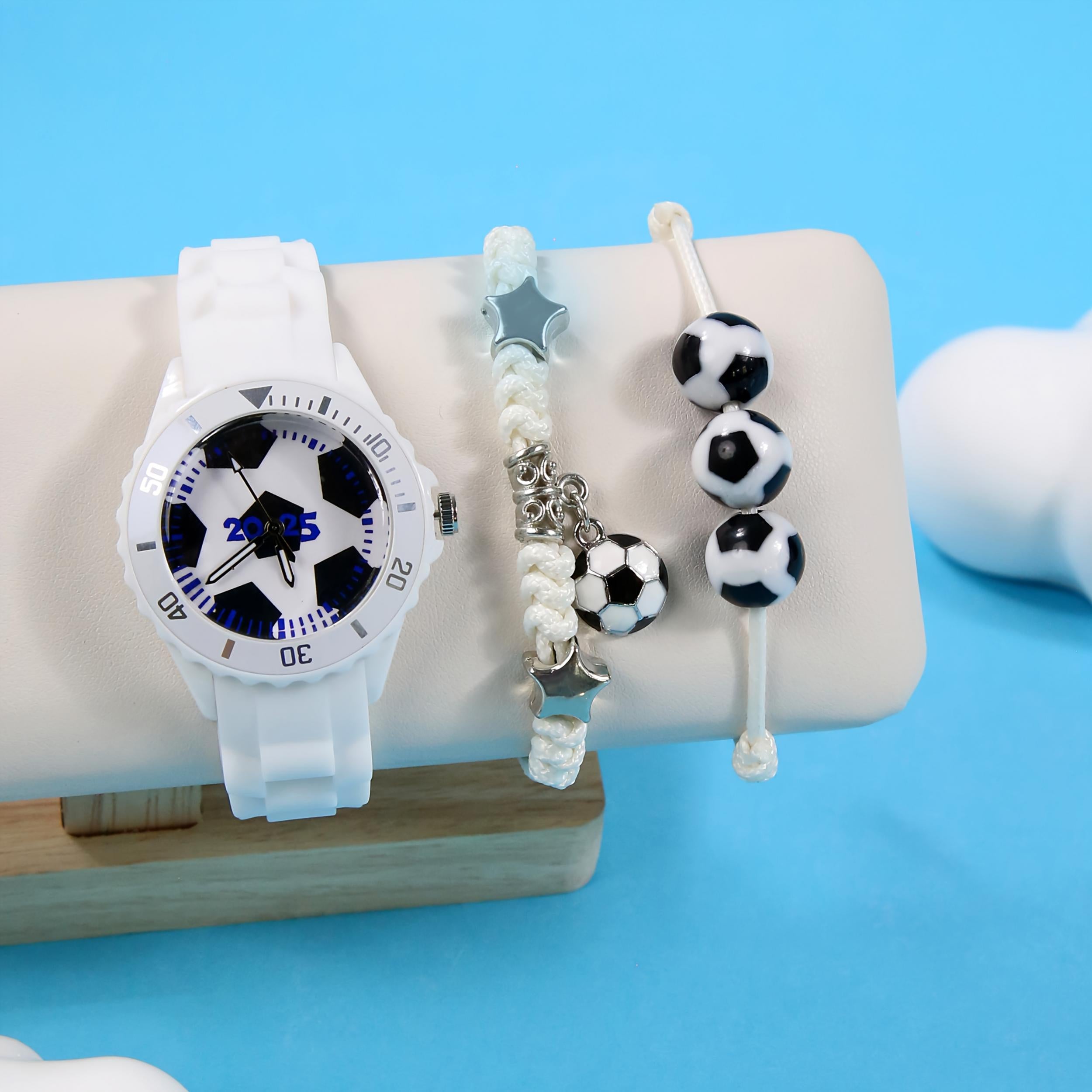 3pcs Football Fan Quartz Watch Set for Boys Students, Sports Style Soft Strap Wa