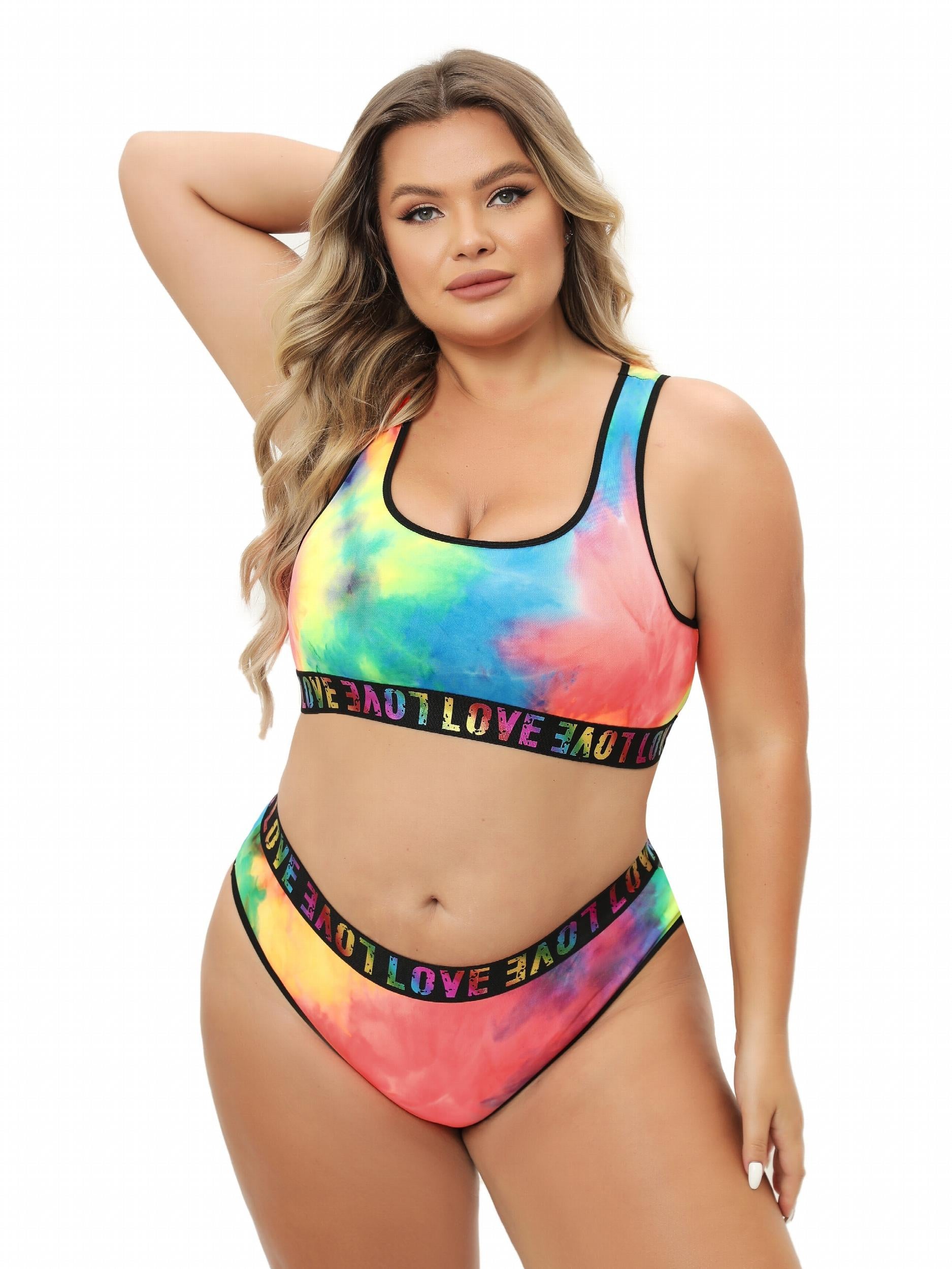 Tie Dye Letter Tape Tank Bra & Underwear Set