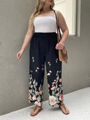 Floral Print Shirred Waist High Rise Wide Leg Trousers