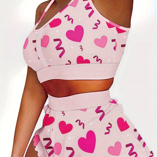Heart Print Pajama Set Crop Cami Top & Shorts Two Piece Set