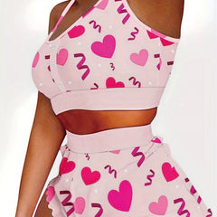 Heart Print Pajama Set Crop Cami Top & Shorts Two Piece Set