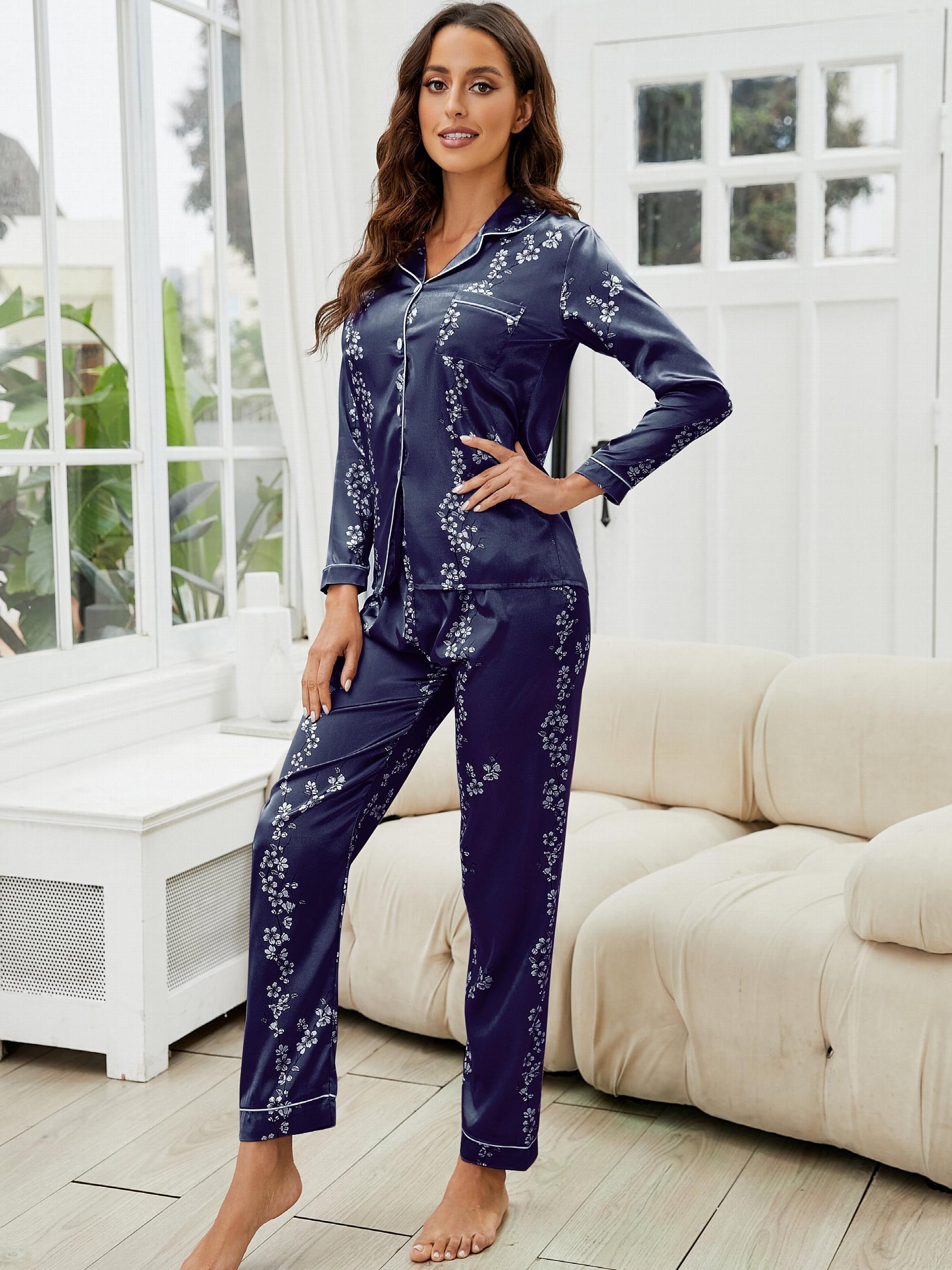 Floral Satin Pajama Set Long Sleeve Top & Cozy Pants Women's Loungewear