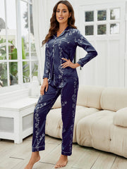 Floral Satin Pajama Set Long Sleeve Top & Cozy Pants Women's Loungewear