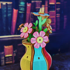 Wooden Puzzle Model Vase Music Box - 3D DIY Building Blocks Flower Ornament
